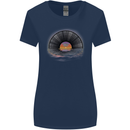 Vinyl Sunset Record LP Turntable Music Womens Wider Cut T-Shirt Navy Blue