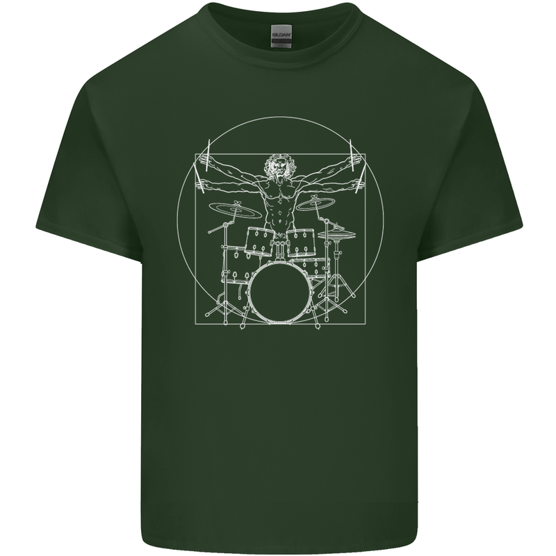 Vitruvian Drummer Funny Drumming Mens Cotton T-Shirt Tee Top Forest Green