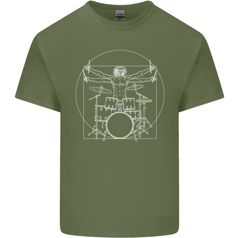 Vitruvian Drummer Funny Drumming Mens Cotton T-Shirt Tee Top Military Green