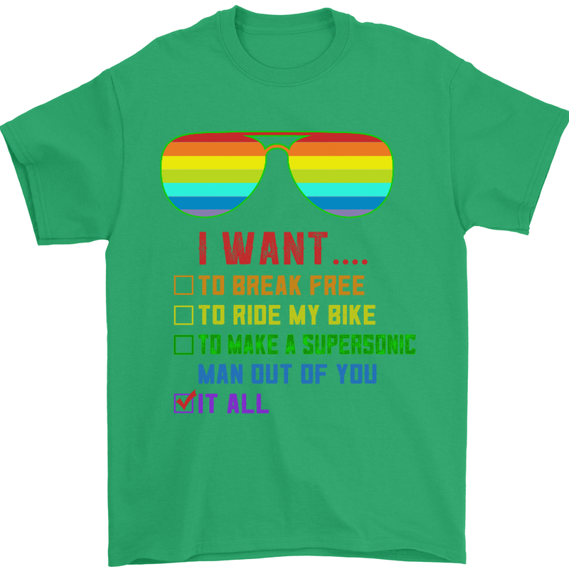 Want to Break Free Ride My Bike Funny LGBT Mens T-Shirt Cotton Gildan Irish Green