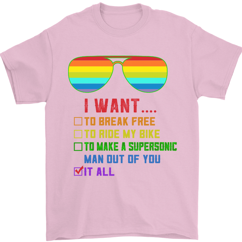 Want to Break Free Ride My Bike Funny LGBT Mens T-Shirt Cotton Gildan Light Pink