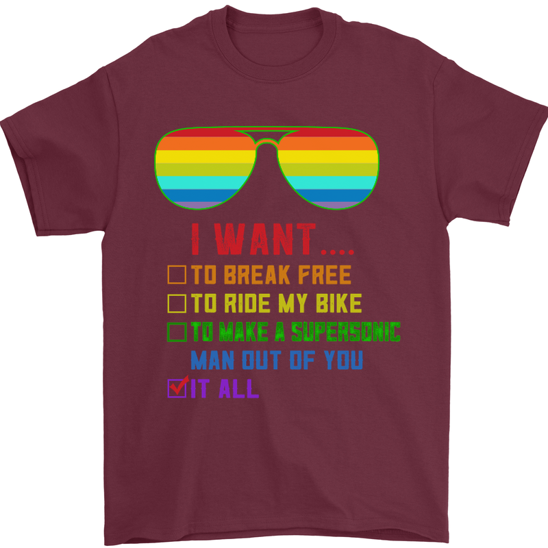 Want to Break Free Ride My Bike Funny LGBT Mens T-Shirt Cotton Gildan Maroon