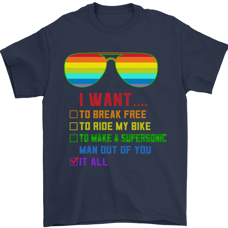Want to Break Free Ride My Bike Funny LGBT Mens T-Shirt Cotton Gildan Navy Blue