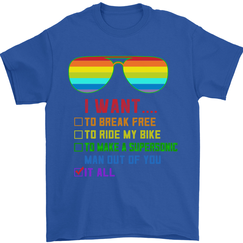 Want to Break Free Ride My Bike Funny LGBT Mens T-Shirt Cotton Gildan Royal Blue