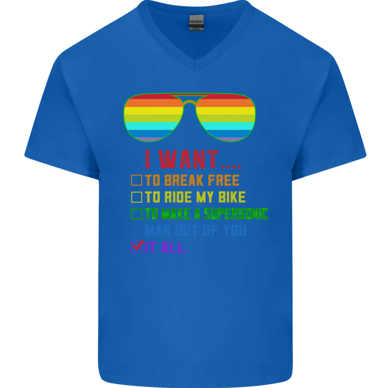 Want to Break Free Ride My Bike Funny LGBT Mens V-Neck Cotton T-Shirt Royal Blue