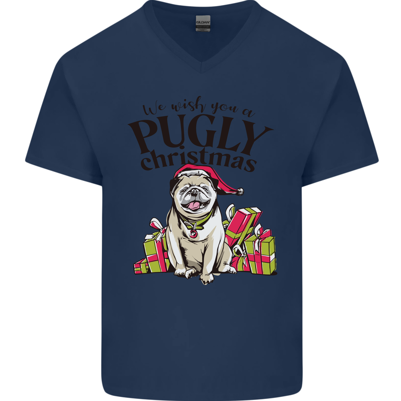 We Wish You a Pugly Christmas Funny Pug Mens V-Neck Cotton T-Shirt Navy Blue
