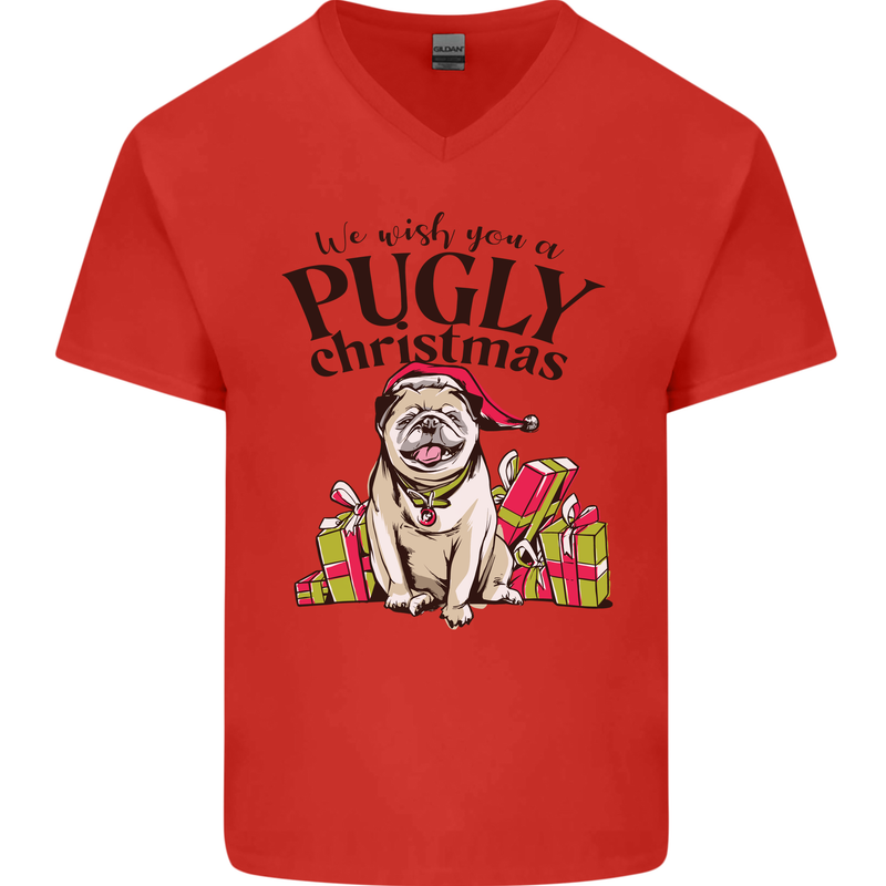 We Wish You a Pugly Christmas Funny Pug Mens V-Neck Cotton T-Shirt Red