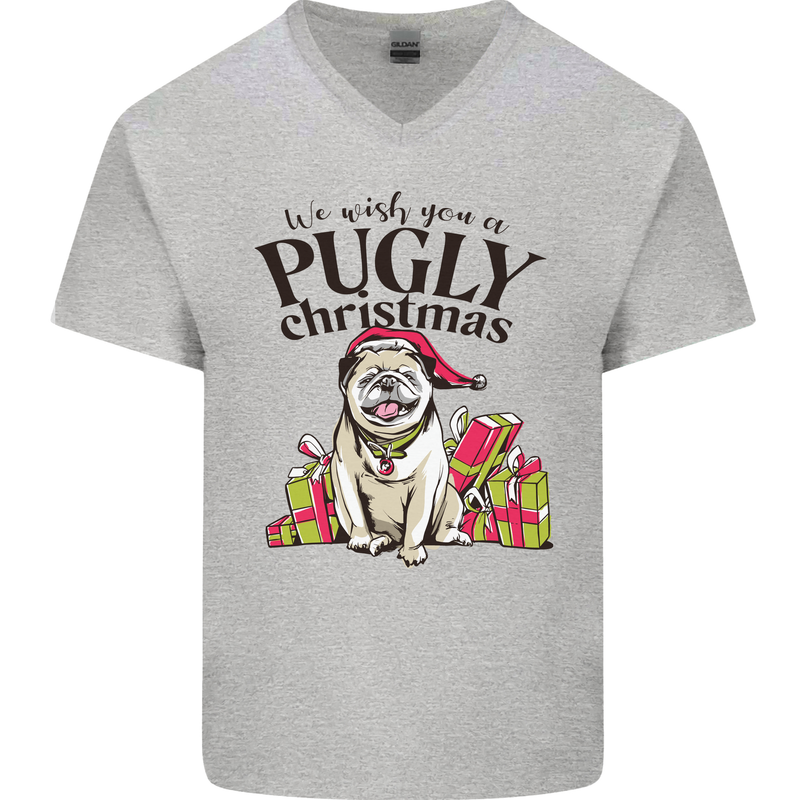 We Wish You a Pugly Christmas Funny Pug Mens V-Neck Cotton T-Shirt Sports Grey