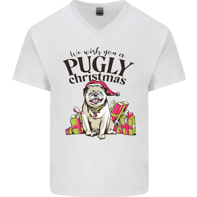 We Wish You a Pugly Christmas Funny Pug Mens V-Neck Cotton T-Shirt White