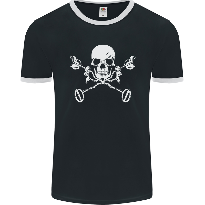 Metal Detector Skull Detecting Mens Ringer T-Shirt FotL Black/White