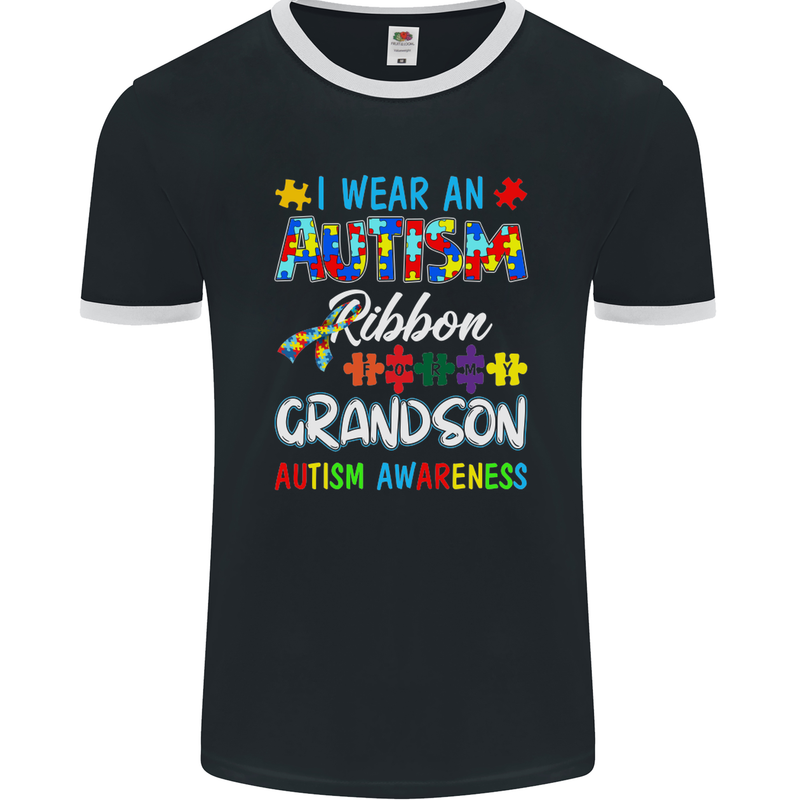 Autism Ribbon For My Grandson Autistic ASD Mens Ringer T-Shirt FotL Black/White