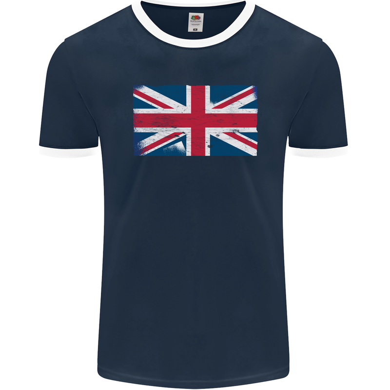 Distressed Union Jack Flag Great Britain Mens Ringer T-Shirt FotL Navy Blue/White