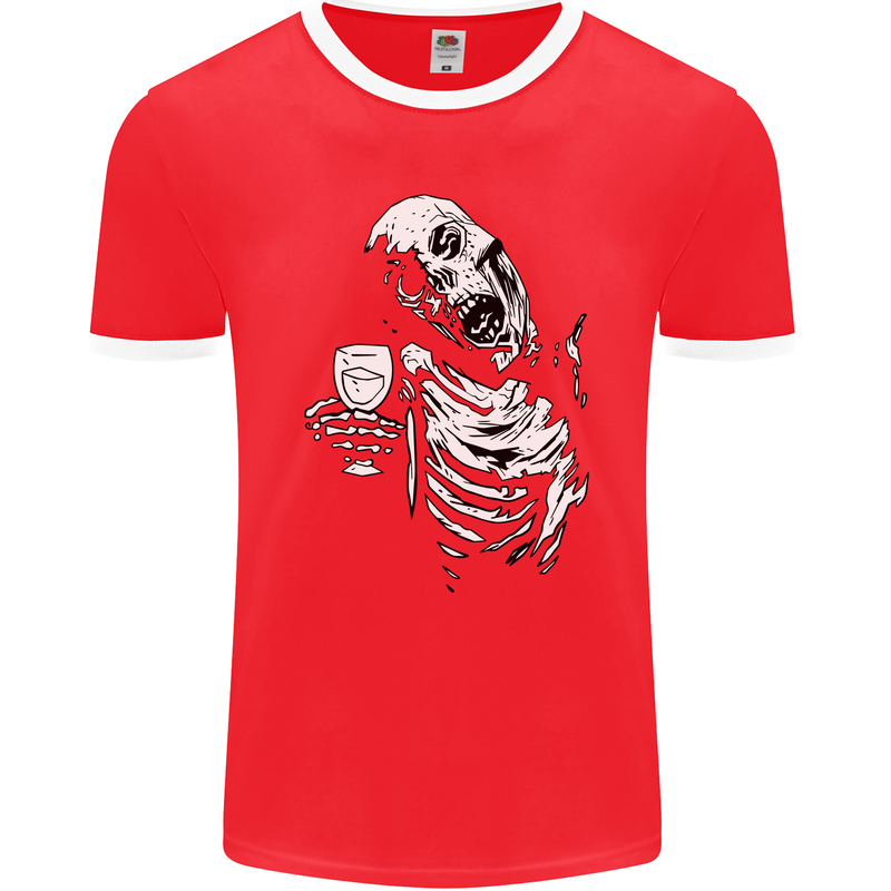 Zombie Cheer Skull Halloween Alcohol Beer Mens Ringer T-Shirt FotL Red/White
