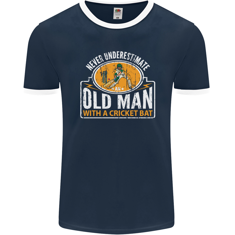 An Old Man With a Cricket Bat Cricketer Mens Ringer T-Shirt FotL Navy Blue/White
