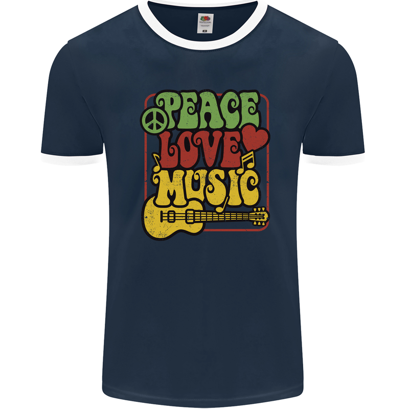 Peace Love Music Guitar Hippy Flower Power Mens Ringer T-Shirt FotL Navy Blue/White
