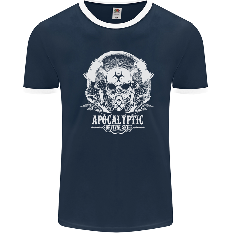 Apocalyptic Survival Skill Skull Gaming Mens Ringer T-Shirt FotL Navy Blue/White