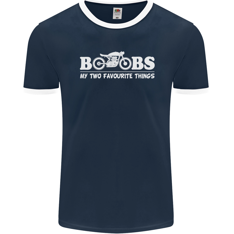Boobs & Bikes Funny Biker Motorcycle Mens Ringer T-Shirt FotL Navy Blue/White