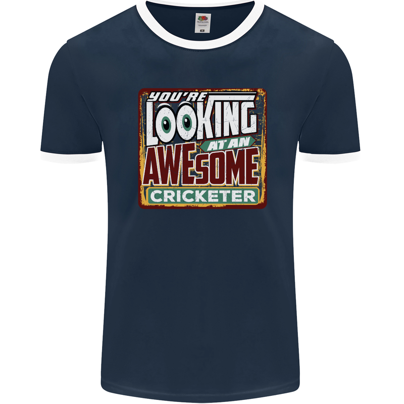 An Awesome Cricketer Mens Ringer T-Shirt FotL Navy Blue/White
