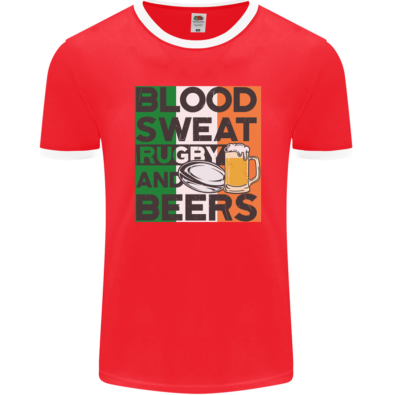 Blood Sweat Rugby and Beers Ireland Funny Mens Ringer T-Shirt FotL Red/White