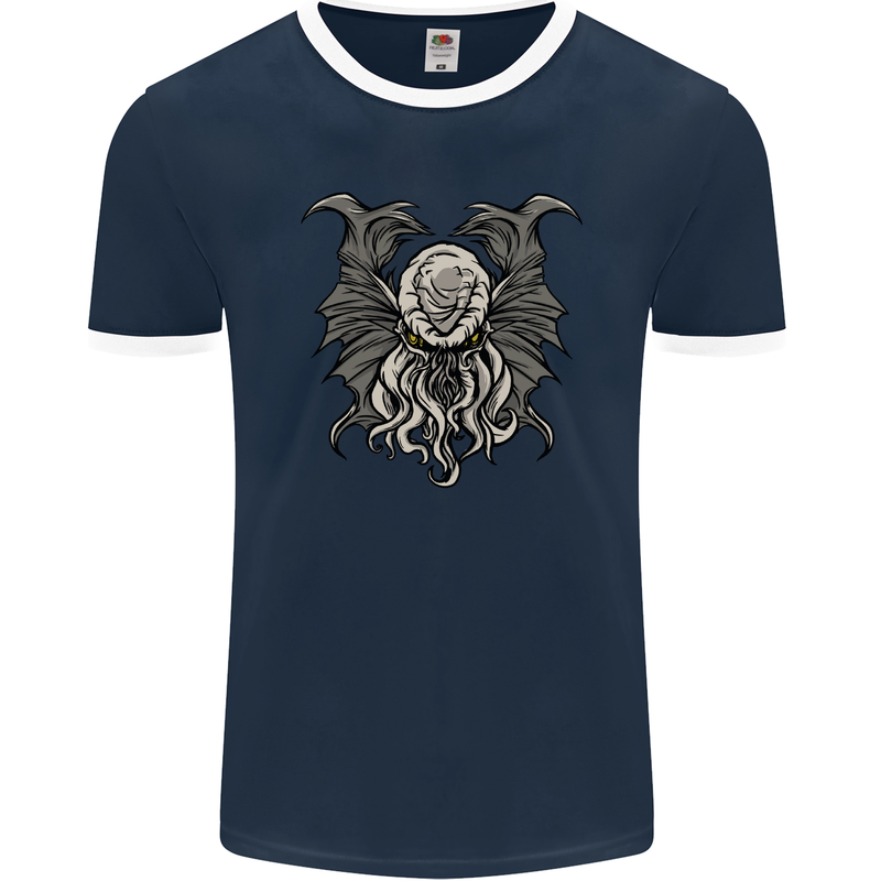 Cthulhu Entity Kraken Mens Ringer T-Shirt FotL Navy Blue/White