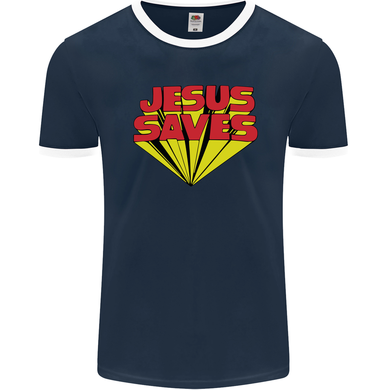 Jesus Saves Funny Christian Mens Ringer T-Shirt FotL Navy Blue/White