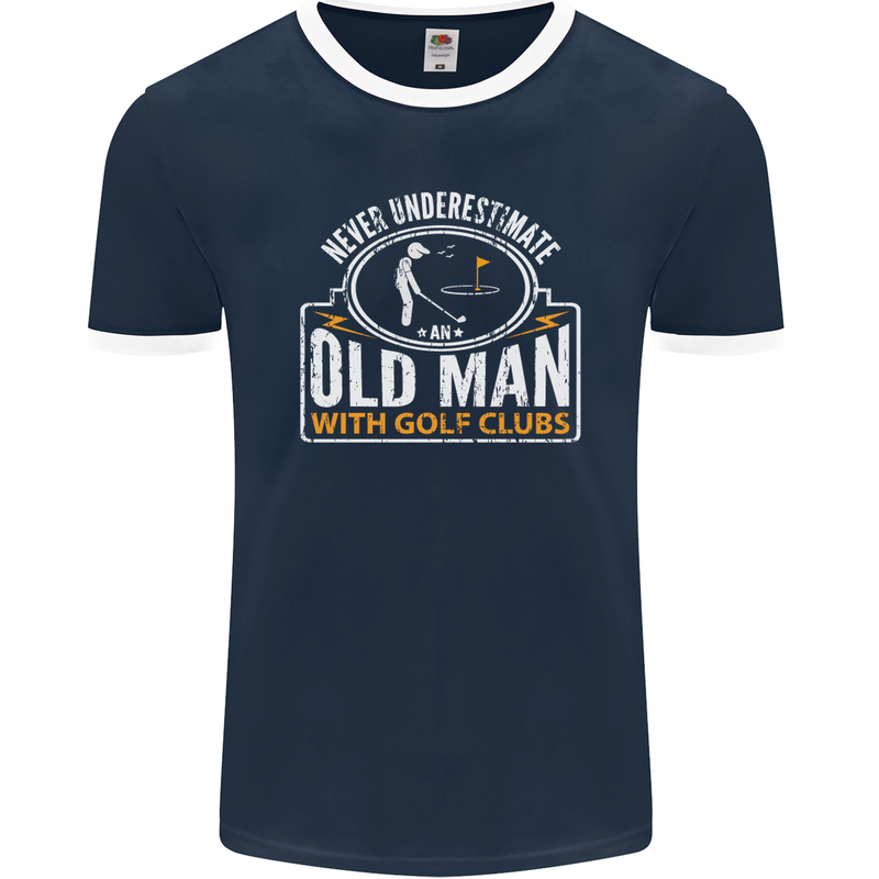 An Old Man With Golf Clubs Funny Golfing Mens Ringer T-Shirt FotL Navy Blue/White