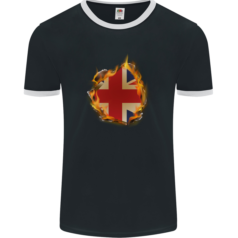Union Jack Flag Fire Effect Great Britain Mens Ringer T-Shirt FotL Black/White
