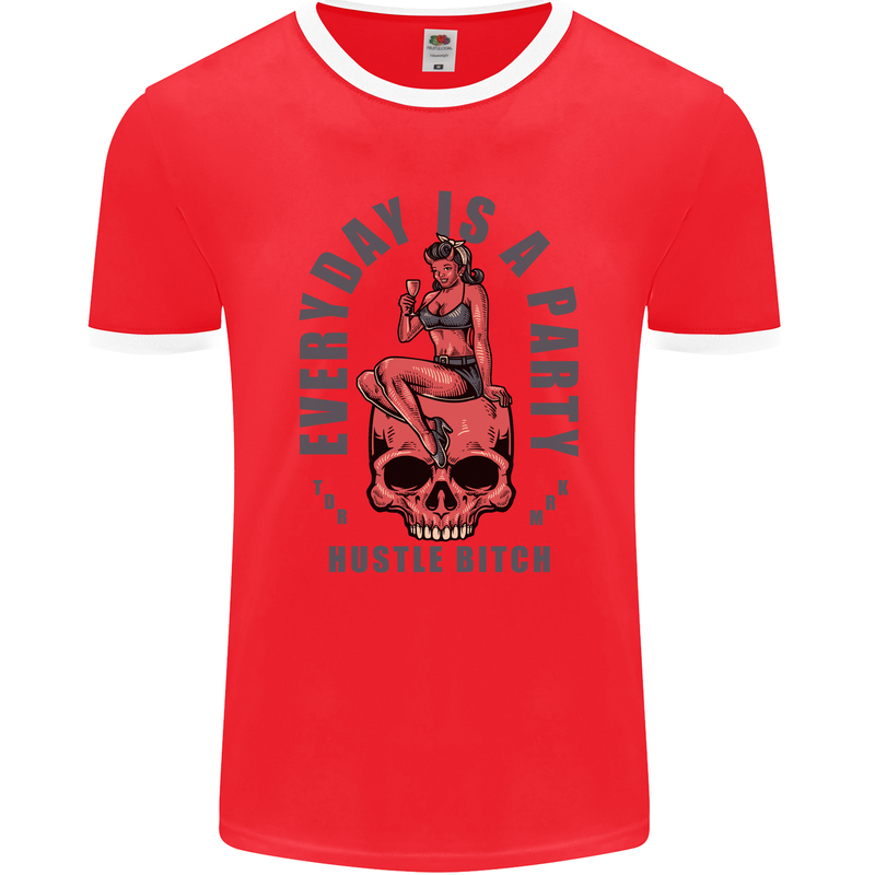 Every Day Is a Party Hustle Skull Alcohol Mens Ringer T-Shirt FotL Red/White