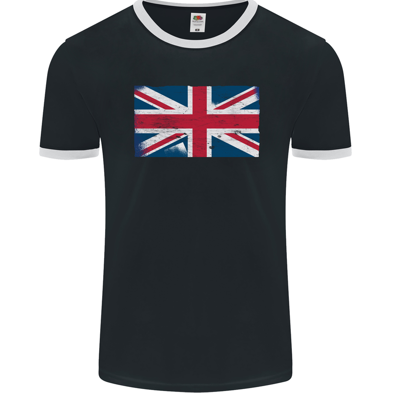 Distressed Union Jack Flag Great Britain Mens Ringer T-Shirt FotL Black/White