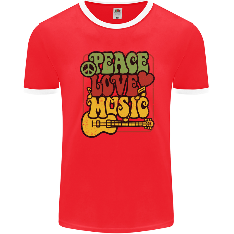 Peace Love Music Guitar Hippy Flower Power Mens Ringer T-Shirt FotL Red/White