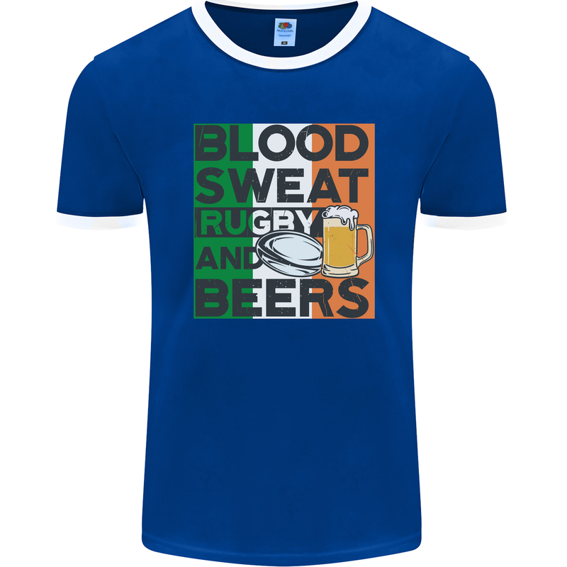 Blood Sweat Rugby and Beers Ireland Funny Mens Ringer T-Shirt FotL Royal Blue/White