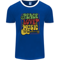 Peace Love Music Guitar Hippy Flower Power Mens Ringer T-Shirt FotL Royal Blue/White