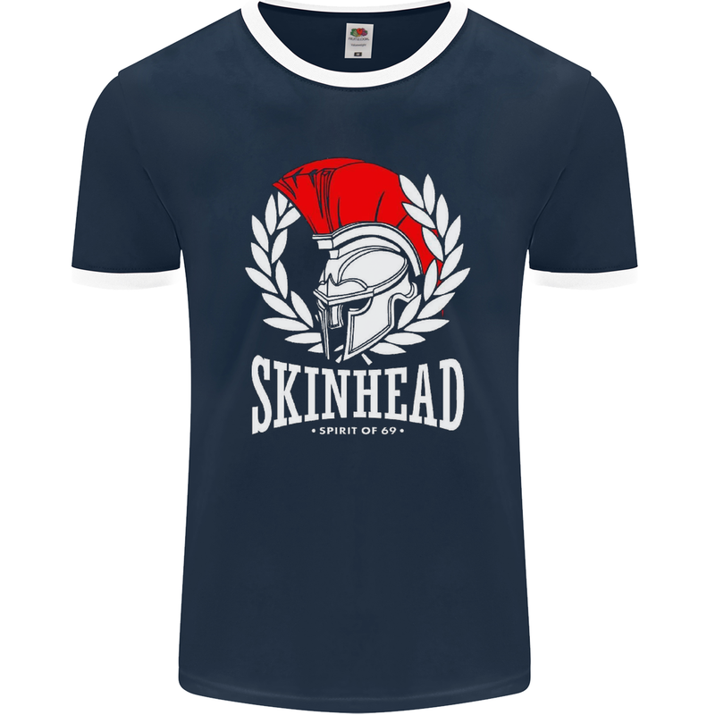 Skinhead Roman Trojan Helmet Punk Music Mens Ringer T-Shirt FotL Navy Blue/White