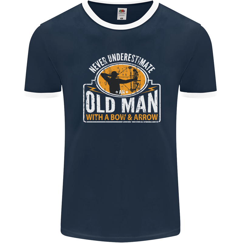 Old Man With a Bow & Arrow Funny Archery Mens Ringer T-Shirt FotL Navy Blue/White