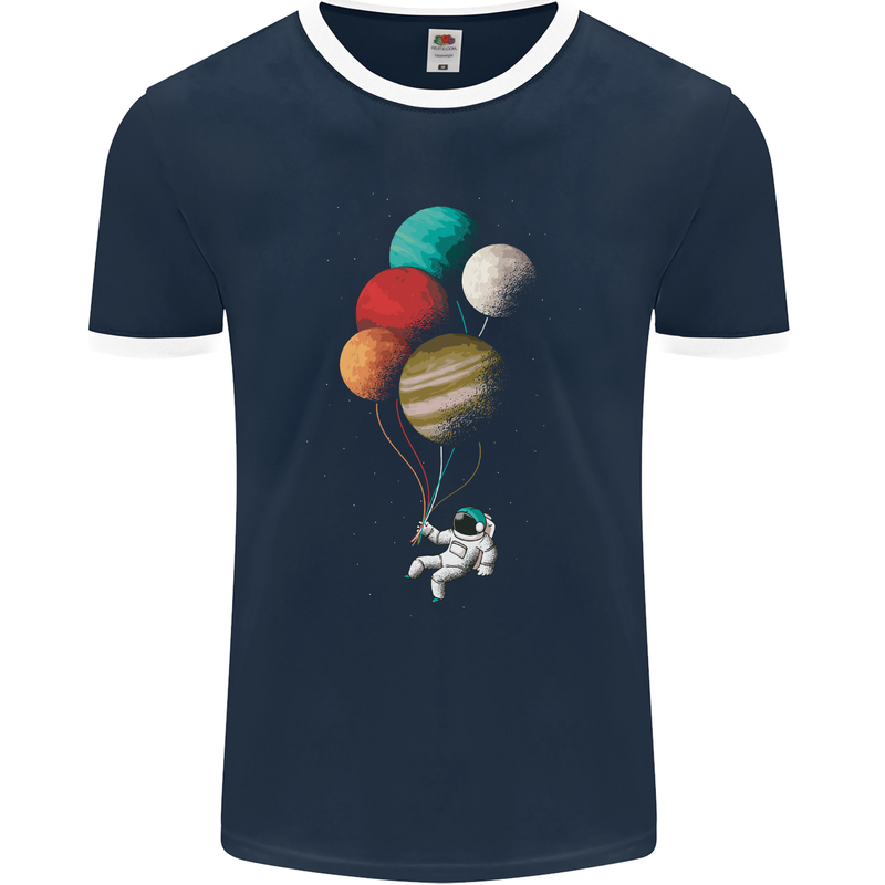 An Astronaut With Planets as Balloons Space Mens Ringer T-Shirt FotL Navy Blue/White