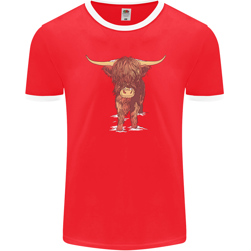 Highland Cattle Cow Scotland Scottish Mens Ringer T-Shirt FotL Red/White