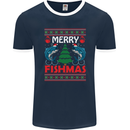 Merry Fishmas Funny Christmas Fishing Mens Ringer T-Shirt FotL Navy Blue/White