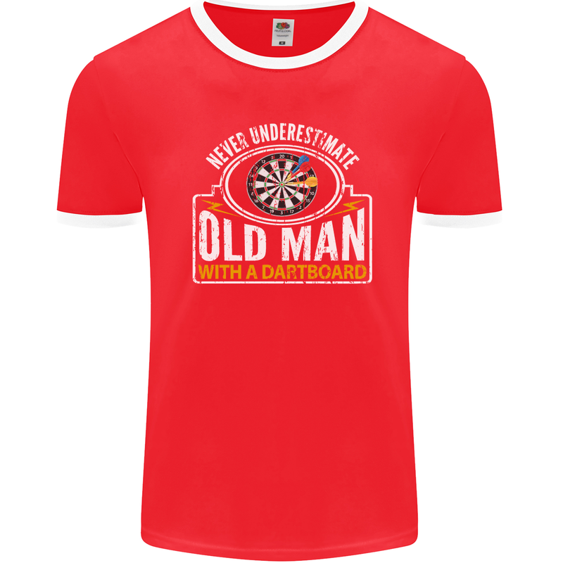An Old Man With a Dart Board Funny Player Mens Ringer T-Shirt FotL Red/White