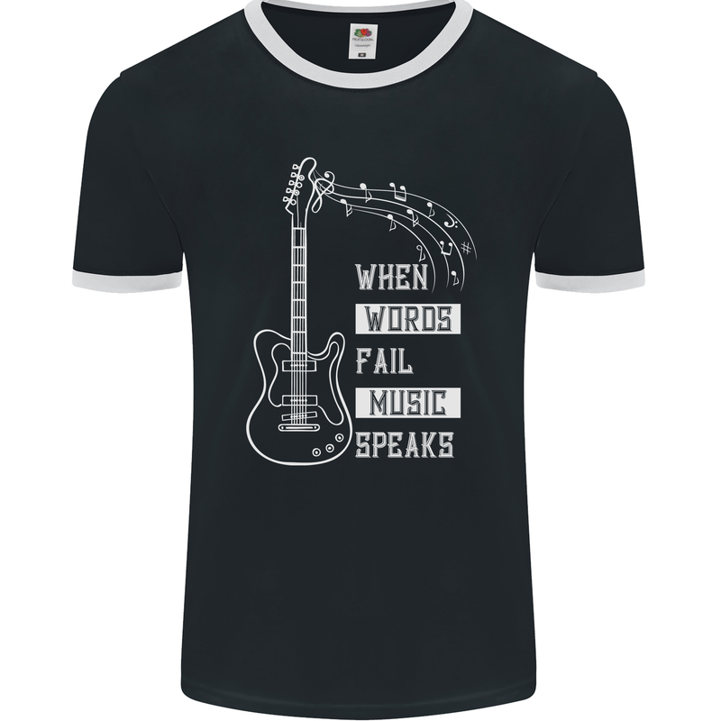 When Words Fail Music Speaks Guitar Mens Ringer T-Shirt FotL Black/White