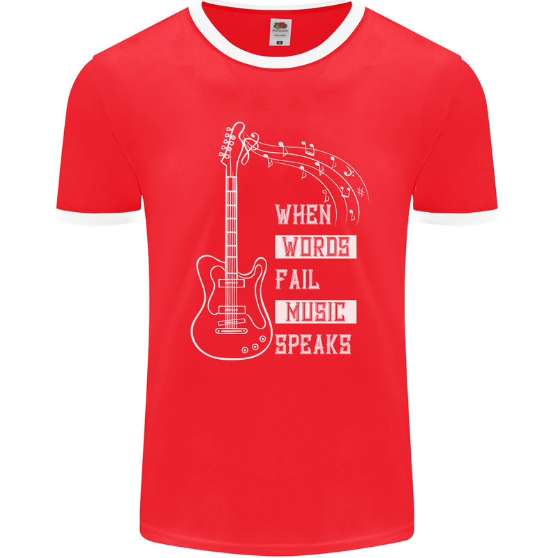 When Words Fail Music Speaks Guitar Mens Ringer T-Shirt FotL Red/White