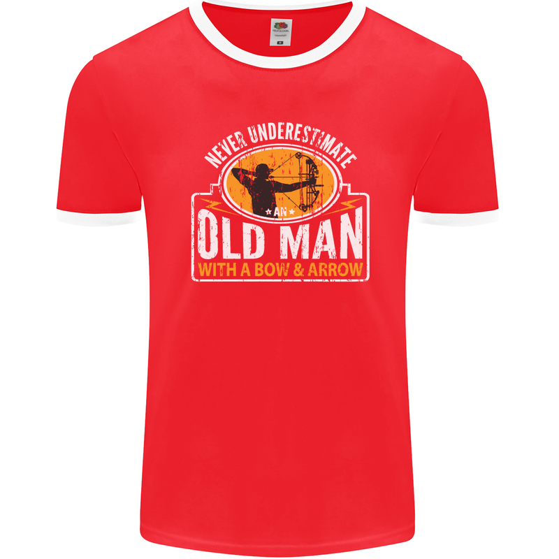 Old Man With a Bow & Arrow Funny Archery Mens Ringer T-Shirt FotL Red/White