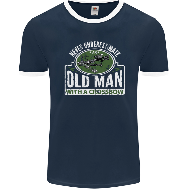 An Old Man With a Crossbow Funny Mens Ringer T-Shirt FotL Navy Blue/White