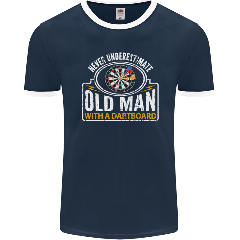 An Old Man With a Dart Board Funny Player Mens Ringer T-Shirt FotL Navy Blue/White