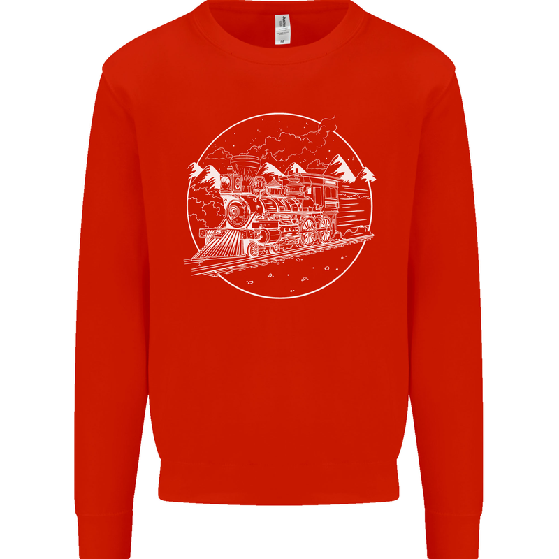 White Locomotive Steam Engine Train Spotter Kids Sweatshirt Jumper Bright Red