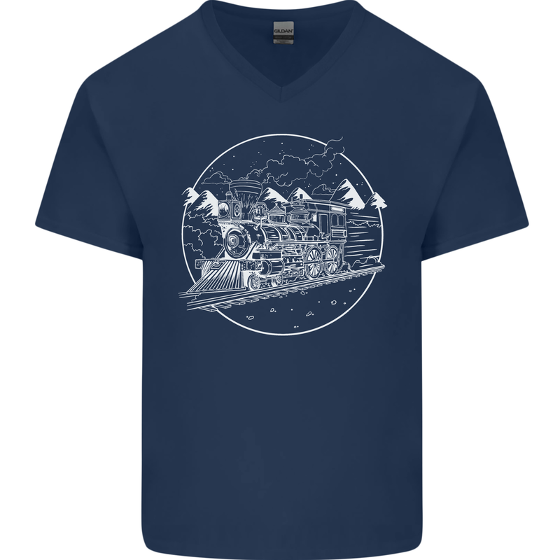 White Locomotive Steam Engine Train Spotter Mens V-Neck Cotton T-Shirt Navy Blue