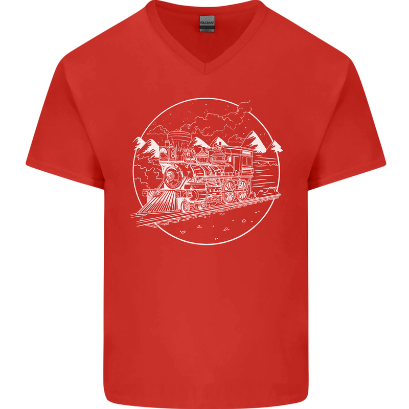White Locomotive Steam Engine Train Spotter Mens V-Neck Cotton T-Shirt Red