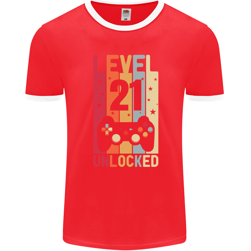 21st Birthday 21 Year Old Level Up Gamming Mens Ringer T-Shirt FotL Red/White