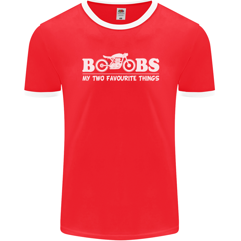 Boobs & Bikes Funny Biker Motorcycle Mens Ringer T-Shirt FotL Red/White