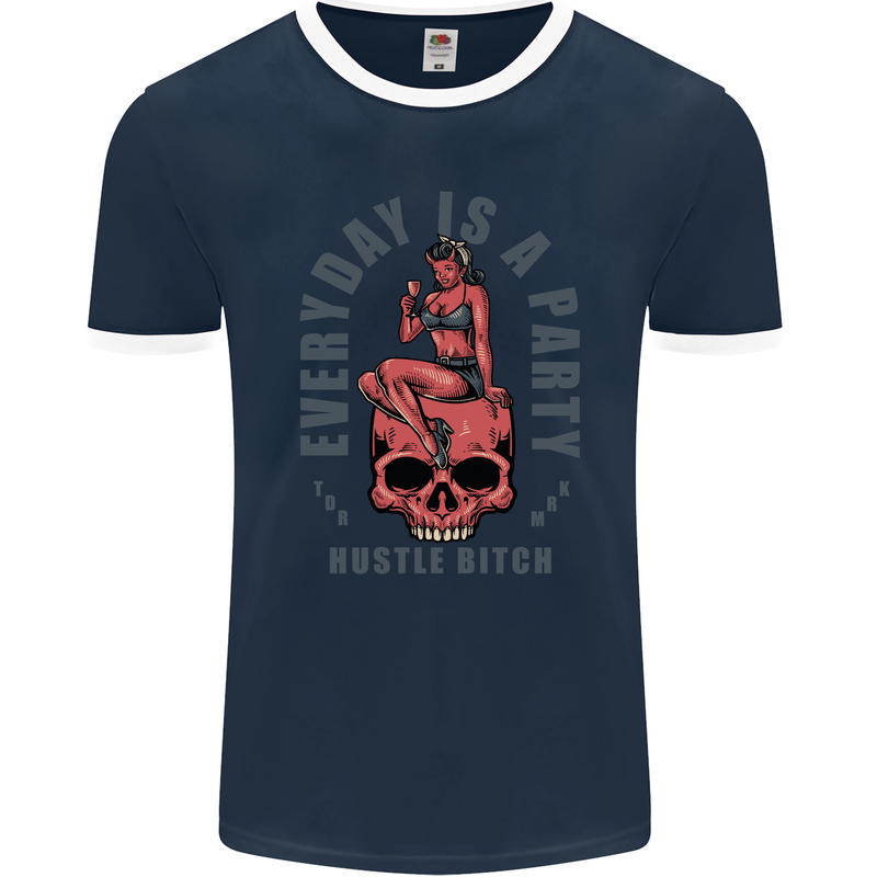 Every Day Is a Party Hustle Skull Alcohol Mens Ringer T-Shirt FotL Navy Blue/White