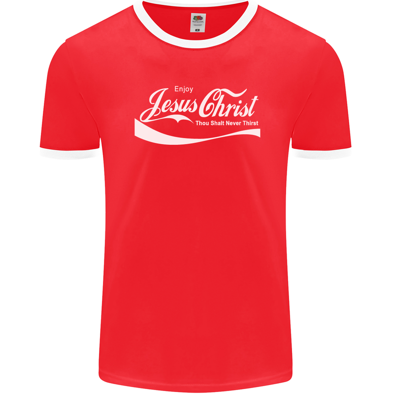 Enjoy Jesus Christ Funny Chiristian Mens Ringer T-Shirt FotL Red/White
